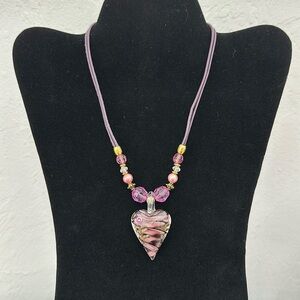Artisan Hand Blown Heart Pink Rose On Top Cotton Cord Double Strand Necklace